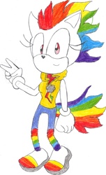 Size: 1956x3222 | Tagged: safe, artist:bluespeedsfan92, rainbow dash, anthro, plantigrade anthro, g4, female, male, solo, sonic the hedgehog, sonic the hedgehog (series), sonicified, style emulation, super rainbow dash, traditional art