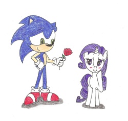 Size: 1494x1415 | Tagged: safe, artist:shadow051, rarity, g4, blushing, crossover, crossover shipping, interspecies, love, male, rarisonic, rose, shipping, sonic the hedgehog, sonic the hedgehog (series), traditional art