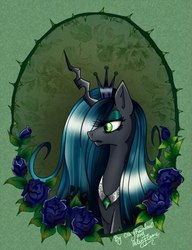 Size: 463x604 | Tagged: safe, artist:crazyrainbow0, artist:helenflame, queen chrysalis, changeling, changeling queen, g4, crown, female, jewelry, portrait, regalia, rose, solo
