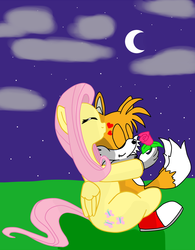 Size: 2544x3269 | Tagged: safe, artist:kaiamurosesei, fluttershy, g4, cloud, cloudy, crescent moon, crossover, crossover shipping, female, fluttertails, heart, interspecies, kissing, love, male, miles "tails" prower, rose, shipping, sonic the hedgehog (series), straight