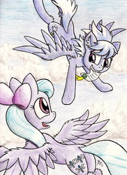 Size: 1666x2291 | Tagged: safe, artist:punk-pegasus, cloudchaser, flitter, pegasus, pony, g4, accepted, bow, cloud, colored pencil drawing, duo, duo female, ear fluff, female, flying, hair bow, mare, mouth hold, open mouth, outdoors, spread wings, traditional art, wings