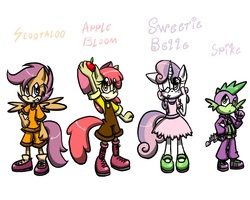 Size: 1000x800 | Tagged: safe, artist:hoshinousagi, apple bloom, scootaloo, spike, sweetie belle, anthro, plantigrade anthro, g4, clothes, cutie mark crusaders, sonic the hedgehog (series), sonicified, species swap