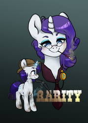 Size: 1000x1400 | Tagged: dead source, safe, artist:sararose, rarity, pony, g4, 2013, alternate universe, cigarette, cigarette holder, dirt, dirty, female, filly, foal, glasses, hat, magic, makeup, necktie, pickaxe, rags to riches, simple background, smiling, smoking, solo, telekinesis, then and now, watch, younger