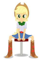 Size: 1042x1458 | Tagged: safe, artist:negasun, applejack, equestria girls, g4, clothes, denim skirt, female, simple background, sitting, skirt, solo, transparent background