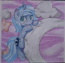 Size: 1556x1515 | Tagged: safe, artist:fluttershy1502, princess luna, g4, crescent moon, female, filly, moon, s1 luna, solo, tangible heavenly object, traditional art, woona
