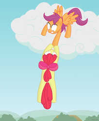 Size: 1777x2176 | Tagged: safe, artist:moemneop, apple bloom, scootaloo, earth pony, pegasus, pony, g4, cloud, dangling, female, filly, hang in there, hanging, hanging on, holding, holding on, hoof hold, looking down, looking up, rescue, shrunken pupils, spread wings, wings