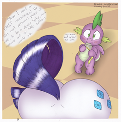 Size: 997x1005 | Tagged: dead source, safe, artist:jobo37, artist:joey darkmeat, rarity, spike, dragon, pony, unicorn, g4, blushing, butt, eyes on the prize, female, looking at butt, male, measuring tape, meme, plot, reacting to nudity, rearity, ship:sparity, shipping, straight, the ass was fat