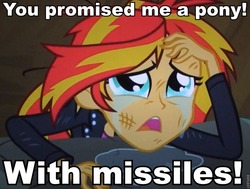 Size: 891x674 | Tagged: safe, edit, edited screencap, screencap, sunset shimmer, equestria girls, g4, my little pony equestria girls, crying, fangirl, female, iji, image macro, in-universe pegasister, missile pony, solo, sunsad shimmer, tomboy