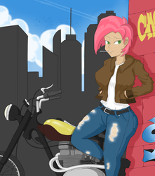Size: 4500x5094 | Tagged: safe, artist:janji009, babs seed, human, g4, absurd resolution, breasts, busty babs seed, city, female, humanized, motorcycle, older, solo