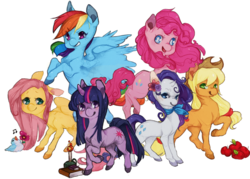 Size: 800x573 | Tagged: safe, artist:urukins, applejack, fluttershy, pinkie pie, rainbow dash, rarity, twilight sparkle, earth pony, pegasus, pony, unicorn, g4, female, horn, mane six, mare, simple background, transparent background