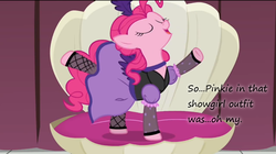 Size: 1021x572 | Tagged: safe, edit, edited screencap, screencap, pinkie pie, g4, over a barrel, clothes, dress, female, fishnet stockings, insane pony thread, oh my, puffy sleeves, saloon dress, saloon pinkie, showgirl, solo