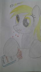Size: 743x1322 | Tagged: safe, artist:orang111, derpy hooves, pegasus, pony, g4, chocolate, crayon drawing, derp, eat, female, mare, nom, sig sauer