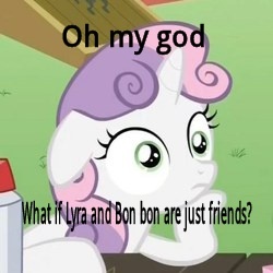 Size: 250x250 | Tagged: safe, edit, edited screencap, screencap, bon bon, lyra heartstrings, sweetie belle, sweetie drops, g4, ponyville confidential, female, foreshadowing, hilarious in hindsight, just friends, meme, solo, sudden clarity sweetie belle
