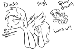 Size: 965x610 | Tagged: safe, artist:nohooves, derpy hooves, rainbow dash, pegasus, pony, g4, flying, monochrome