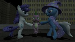 Size: 1280x720 | Tagged: safe, artist:gmodspikeplz, rarity, spike, trixie, dragon, pony, g4, 3d, angry, city, cityscape, female, fight, gmod, male, mare, rooftop, scared, ship:sparity, ship:spixie, shipping, spike gets all the mares, straight