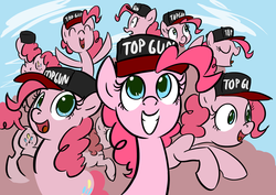 Size: 2356x1668 | Tagged: safe, artist:derkrazykraut, edit, pinkie pie, earth pony, pony, g4, baseball cap, fun fun fun, hat, top gun