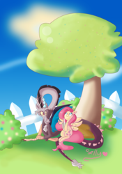 Size: 2218x3164 | Tagged: safe, artist:sellyinwonderland, discord, fluttershy, g4, drink, female, fence, male, ship:discoshy, shipping, straight, tree