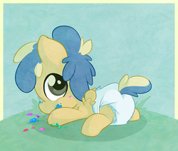 Size: 1098x929 | Tagged: safe, artist:cuddlehooves, oc, oc only, oc:cobalt arrow, pony, baby, baby pony, crayon, cuddlehooves is trying to murder us, cute, diaper, female, filly, foal, poofy diaper, solo