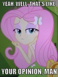 Size: 341x456 | Tagged: safe, edit, edited screencap, screencap, fluttershy, equestria girls, g4, my little pony equestria girls, cropped, female, image macro, solo, the big lebowski