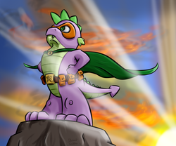 Size: 1920x1600 | Tagged: safe, artist:brainedbysaucepans, spike, g4, season 4, cape, clothes, humdrum costume, male, power ponies, solo, speculation, superhero, utility belt