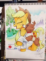 Size: 768x1024 | Tagged: safe, artist:andy price, applejack, winona, g4, bandage, clothes, first aid, photo, sketchbook, traditional art, veterinarian