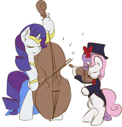 Size: 1280x1333 | Tagged: dead source, safe, artist:kryptchild, rarity, sweetie belle, pony, g4, bipedal, bow (instrument), cello, clothes, commission, dress, hat, music, musical instrument, ribbon, suit, violin