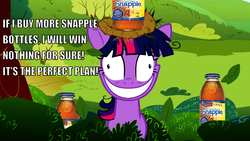 Size: 1280x720 | Tagged: safe, edit, screencap, twilight sparkle, g4, lesson zero, drink, female, image macro, insanity, literally twilight snapple, pun, snapple, solo, text, twilight snapple