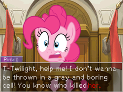 Size: 256x192 | Tagged: safe, pinkie pie, g4, ace attorney, courtroom, crossover, female, solo, text, witness