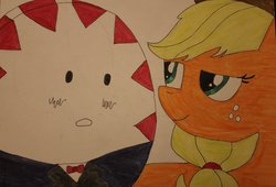 Size: 900x612 | Tagged: safe, artist:space-scares-me, applejack, g4, adventure time, crack shipping, crossover, crossover shipping, female, male, peppermint butler, shipping, straight, traditional art