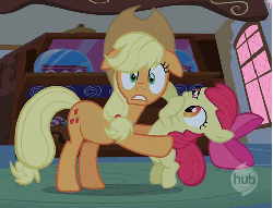 Size: 490x376 | Tagged: safe, screencap, apple bloom, applejack, earth pony, pony, bridle gossip, g4, animated, cropped, duo, female, filly, holding a pony, hoofy-kicks, hub logo, mare, scared, shaking, siblings, sisters
