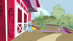 Size: 1268x713 | Tagged: safe, artist:dtkraus, edit, gummy, pinkie pie, rainbow dash, g4, long pony, pinkamena diane pie, wat