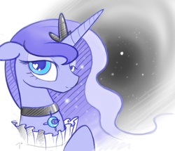 Size: 1822x1567 | Tagged: dead source, safe, artist:b-epon, princess luna, g4, bedroom eyes, collar, colored, fancy, female, heart, heart eyes, love, mane, moon, necklace, regal, ruff (clothing), ruffled, solo, space, wingding eyes