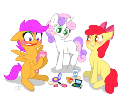 Size: 700x600 | Tagged: safe, artist:mc10215, apple bloom, scootaloo, sweetie belle, g4, blushing, bow, cutie mark crusaders, hair bow, lipstick, makeover, makeup