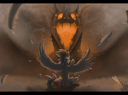 Size: 3771x2824 | Tagged: dead source, safe, artist:gonedreamer, rainbow dash, dragon, pegasus, pony, g4, epic, feather, female, fight, glowing, monster, solo, spread wings, wings