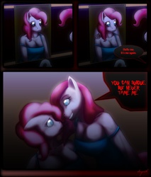 Size: 1280x1500 | Tagged: dead source, safe, artist:sergiroth, pinkie pie, earth pony, anthro, g4, bathroom, breasts, cleavage, comic, crossover, duality, female, inner demons, megadeth, mirror, pinkamena diane pie, reference, sink, song reference