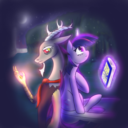 Size: 2000x2000 | Tagged: safe, artist:etiluos, discord, twilight sparkle, g4, magic, sitting