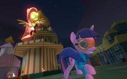 Size: 1280x800 | Tagged: safe, artist:glaber, fluttershy, twilight sparkle, g4, 3d, clothes, costume, gmod, night, ponyville