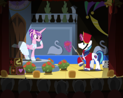 Size: 12504x10000 | Tagged: safe, artist:xenoneal, princess cadance, shining armor, alicorn, pony, unicorn, g4, absurd resolution, ballerina, blushing, clothes, costume, disney, fantasia, fantasia 2000, female, male, mare, parody, roleplaying, rose, stage, stallion, steadfast tin soldier, the steadfast tin soldier