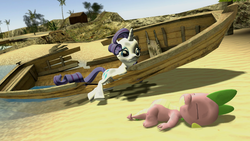 Size: 1366x768 | Tagged: safe, artist:flare-chaser, rarity, spike, dragon, pony, g4, 3d, beach, female, gmod, male, mare