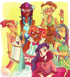 Size: 1280x1402 | Tagged: safe, artist:jununy, applejack, fluttershy, pinkie pie, rainbow dash, rarity, twilight sparkle, human, g4, clothes, colored, dark skin, dress, gala dress, glasses, humanized, mane six