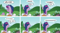 Size: 1180x655 | Tagged: safe, artist:trotsworth, rainbow dash, spike, twilight sparkle, g4, barb, comic, dusk shine, in the distance, nerd, rainbow blitz, rule 63, teasing