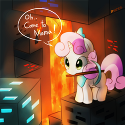 Size: 1500x1500 | Tagged: safe, artist:maren, sweetie belle, g4, crossover, cute, diamond, eyes on the prize, female, filly, foal, game, gamer belle, lava, minecraft, mouth hold, pickaxe, pixiv, smiling, solo, video game