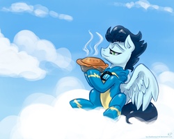 Size: 1500x1200 | Tagged: safe, artist:kp-shadowsquirrel, soarin', g4, cloud, cloudy, drool, food, hoof hold, male, pie, sitting, solo, that pony sure does love pies, tongue out, wonderbolts uniform