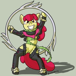 Size: 851x848 | Tagged: safe, artist:moronsonofboron, apple bloom, earth pony, pony, g4, bipedal, clothes, cosplay, costume, female, solo, soul calibur, tira, weapon