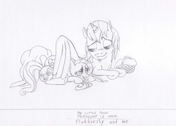 Size: 1280x916 | Tagged: safe, artist:morteneng21, fluttershy, oc, oc:pencil magic, alicorn, pony, g4, alicorn oc, canon x oc, monochrome, sketch