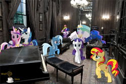 Size: 3650x2433 | Tagged: safe, artist:wolfjava, princess cadance, princess celestia, princess luna, rarity, sunset shimmer, trixie, twilight sparkle, pony, g4, 12 grimmauld place, crossover, harry potter (series), harry potter and the order of the phoenix, irl, lamp, musical instrument, photo, piano, ponies in real life, room, vector
