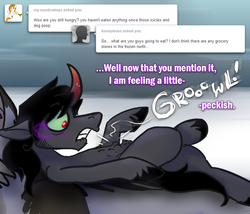 Size: 700x600 | Tagged: safe, artist:wiggles, king sombra, pony, unicorn, ask king sombra, g4, ask, hungry, male, snow, solo, stallion, stomach growl, text, tumblr