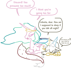 Size: 727x708 | Tagged: safe, artist:weaver, discord, princess celestia, g4, dialogue, hilarious in hindsight, ship:dislestia, shipping, simple background, white background