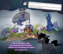 Size: 500x429 | Tagged: safe, artist:wiggles, king sombra, oc, oc:coffee talk, oc:drizzle, oc:freckles, oc:sea breeze, wolf, ask king sombra, g4, ask, flower, grazing, herbivore, tumblr