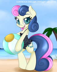Size: 3300x4200 | Tagged: safe, artist:lustrous-dreams, bon bon, sweetie drops, earth pony, pony, g4, adorabon, beach, beach ball, bipedal, clothes, cute, female, happy, looking at you, mare, one-piece swimsuit, smiling, solo, swimsuit